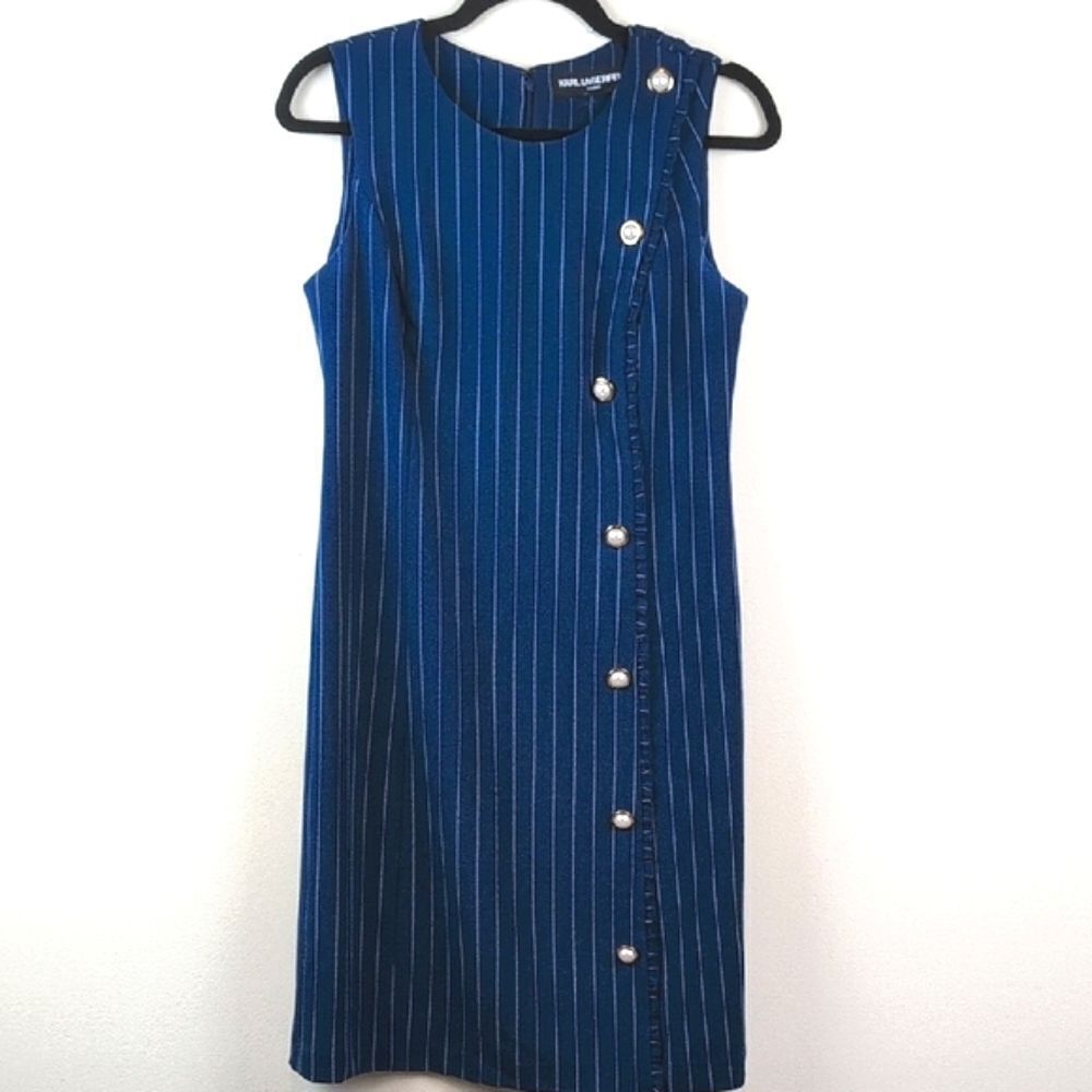 Karl Lagerfeld Paris Navy Pinstripe Sheath Dress  Gold Pearl Buttons Old Money
